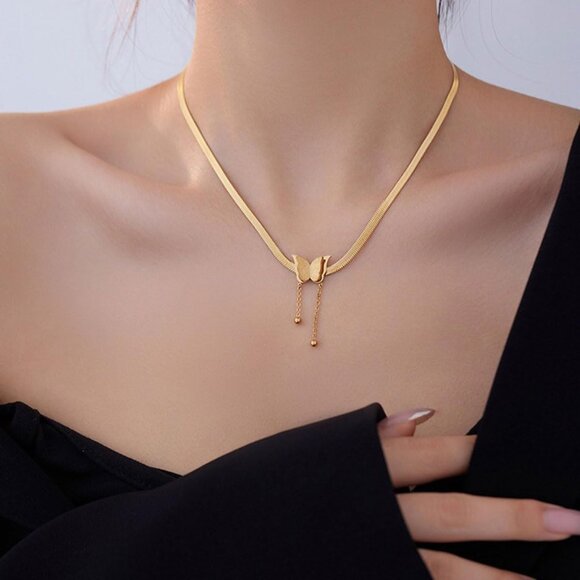 Elegant 14K Gold Butterfly Necklace with Tassels - Stackable Herringbone Design - Picture 2 of 5